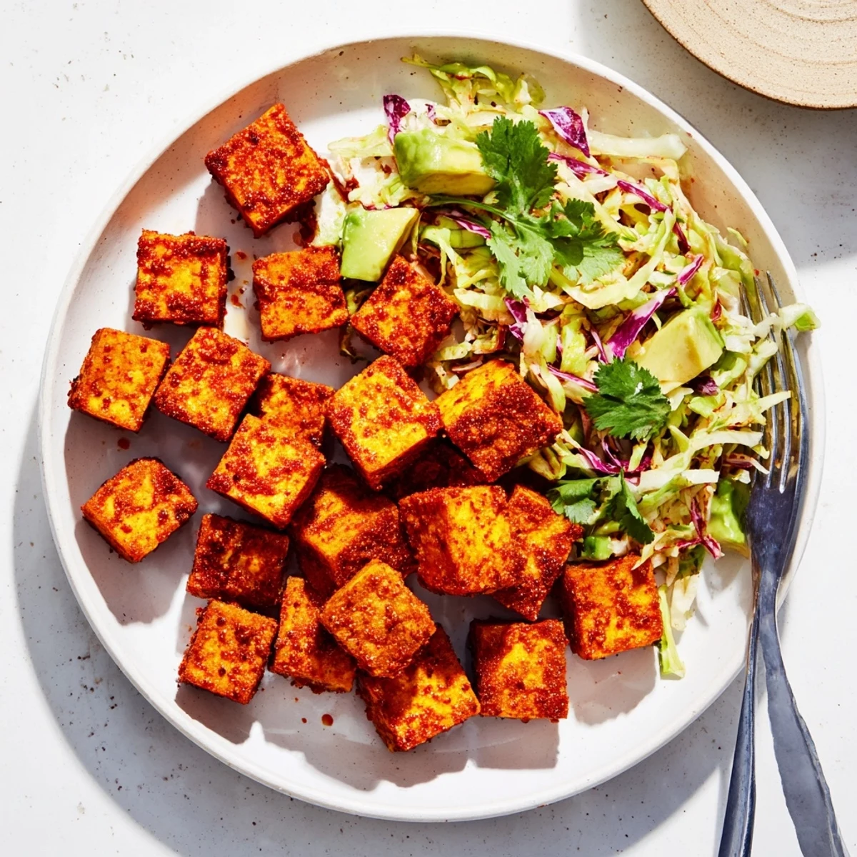 Golden crispy chili lime tofu cubes served over vibrant avocado cabbage slaw