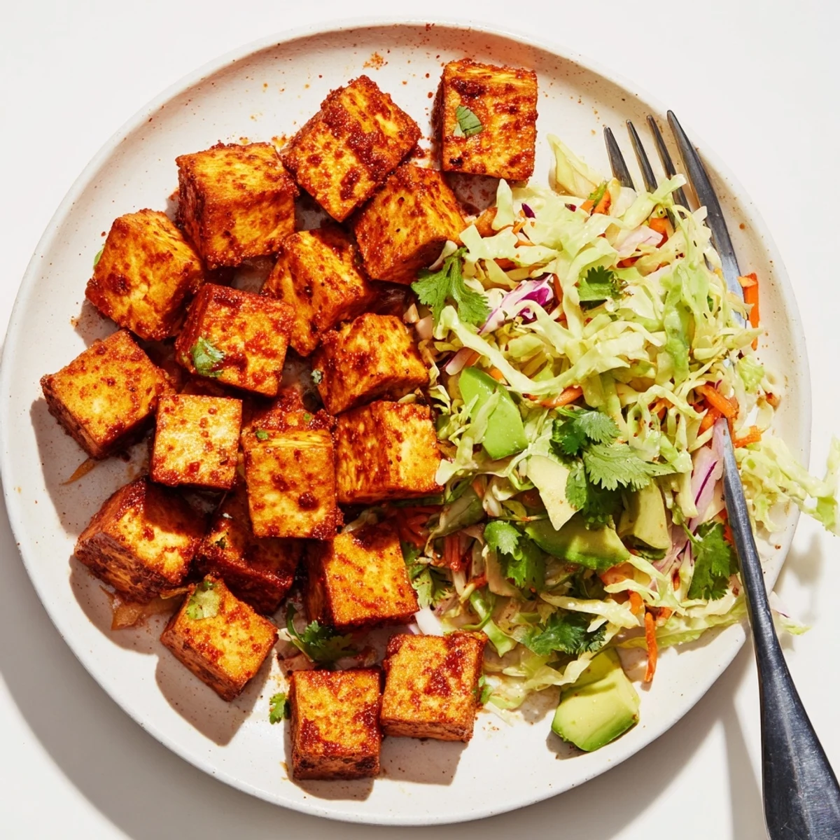 Spicy baked tofu with fresh avocado slaw garnished with cilantro and lime