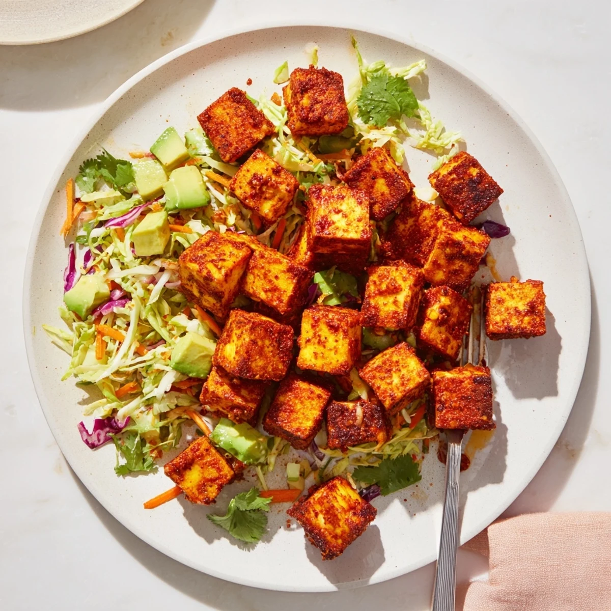 Crispy chili lime tofu arranged alongside colorful purple and green cabbage slaw