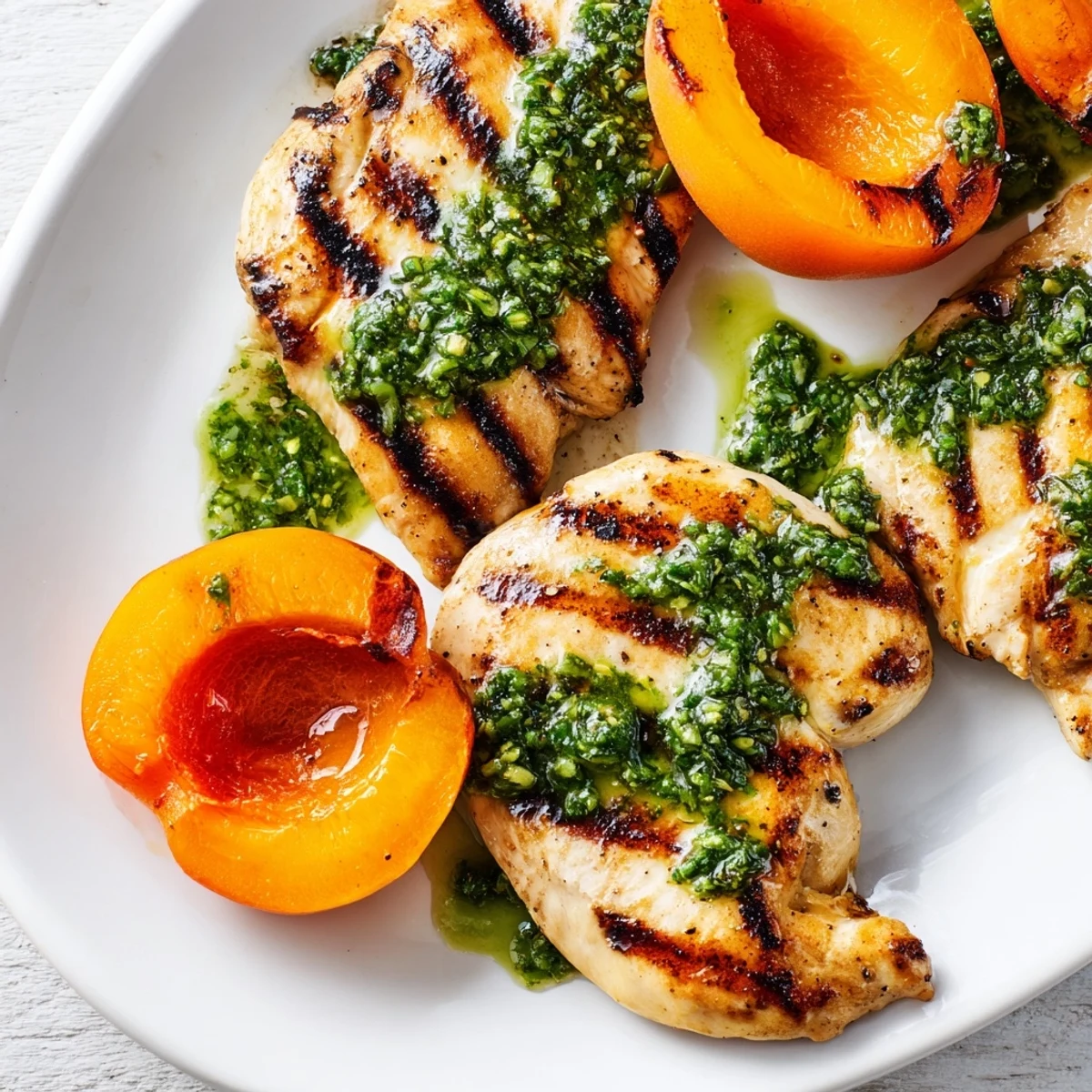 Summer grilled chicken featuring charred apricots and herbaceous basil lime glaze glistening under natural light