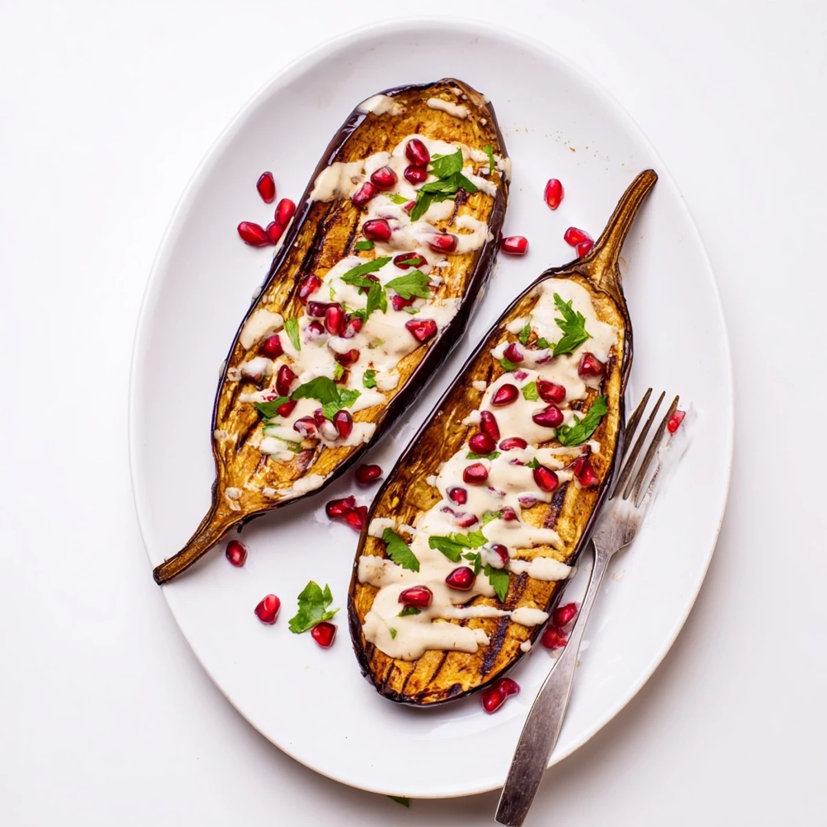 Golden roasted eggplant halves drizzled with creamy tahini sauce and ruby pomegranate seeds