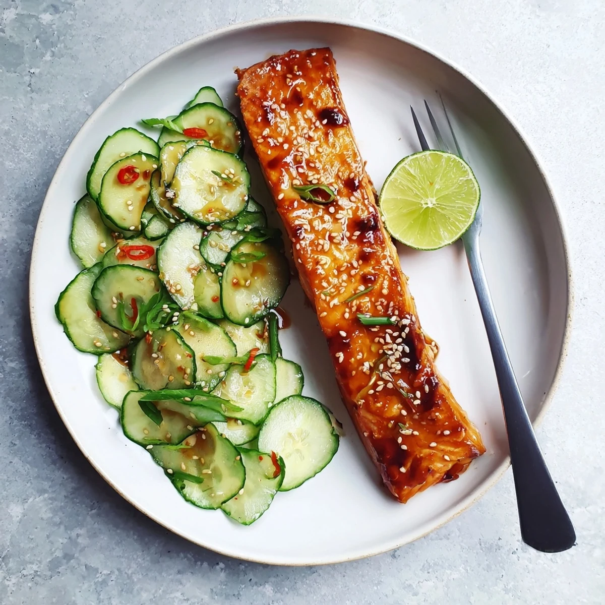 Perfectly broiled salmon in savory miso ginger glaze paired with tangy sesame cucumber salad and lime wedges