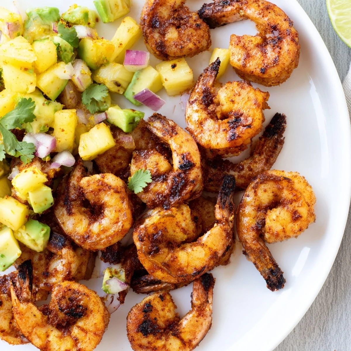 Spicy Lime Shrimp with Pineapple Avocado Salsa served hot with fresh garnishes