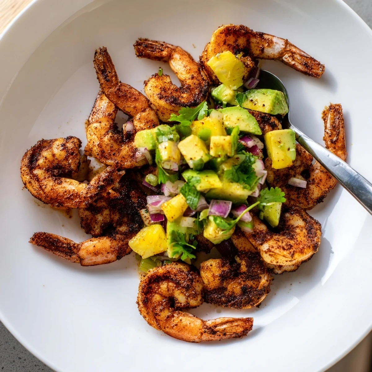 Golden seared Spicy Lime Shrimp topped with vibrant pineapple avocado salsa