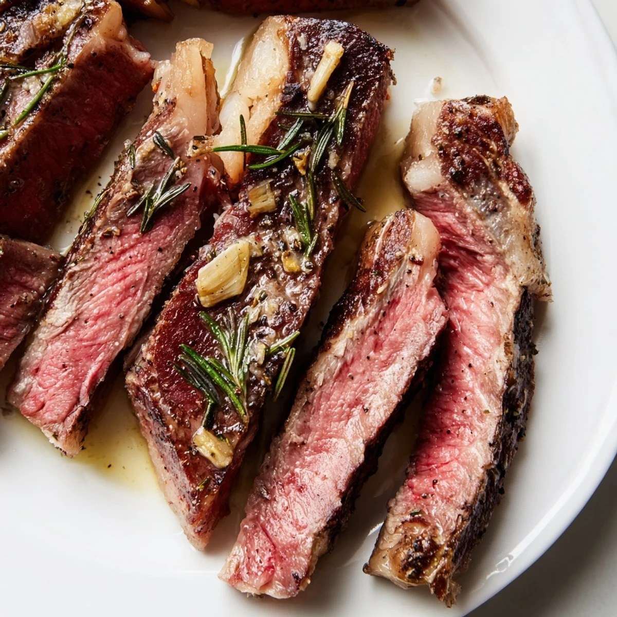 Perfectly seared garlic herb steak with crispy roasted broccolini plated on white dinnerware