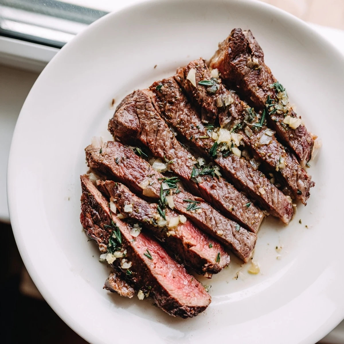 Juicy ribeye steak coated in garlic and fresh herbs served alongside tender broccolini