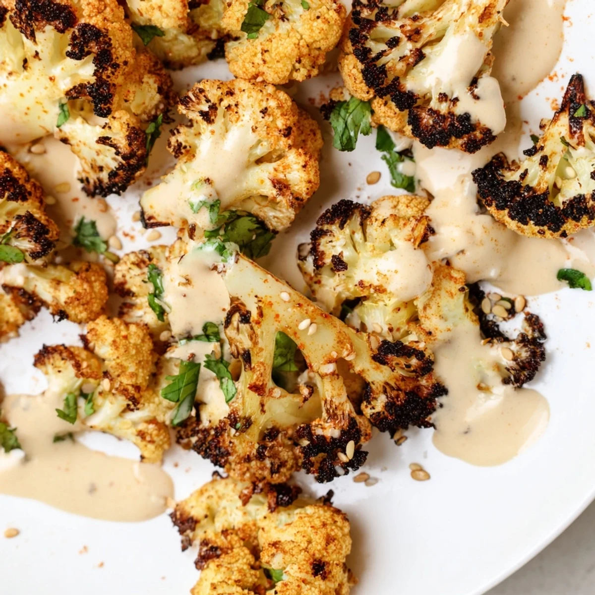 Tender caramelized roasted cauliflower with lemon herb tahini sauce topped with fresh parsley and sesame seeds