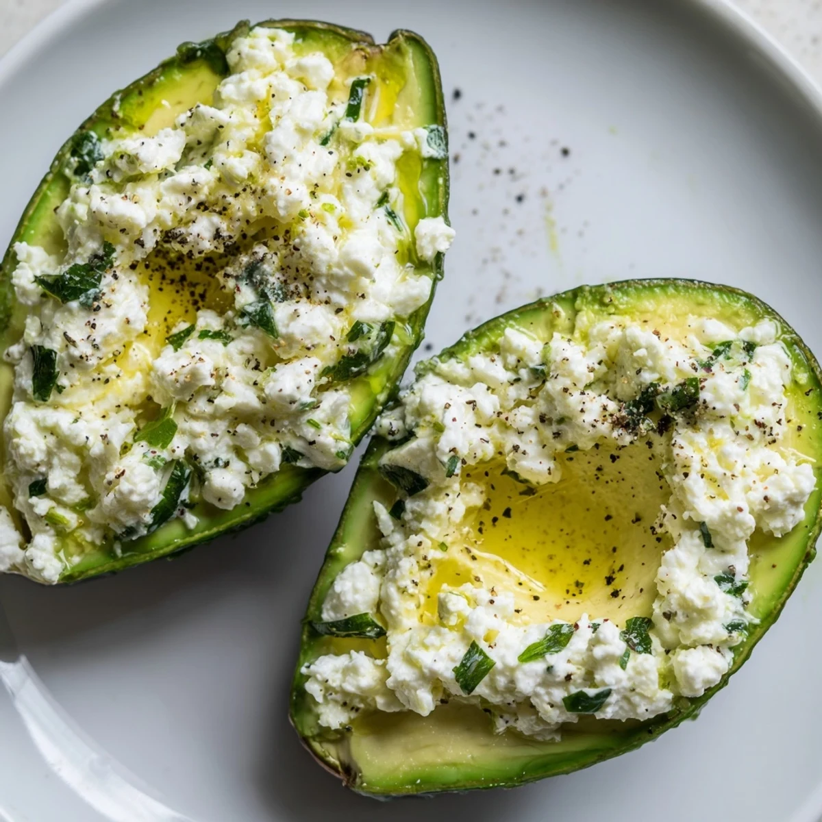 Ripe avocado halves filled with creamy cottage cheese garlic herb stuffing on a white plate