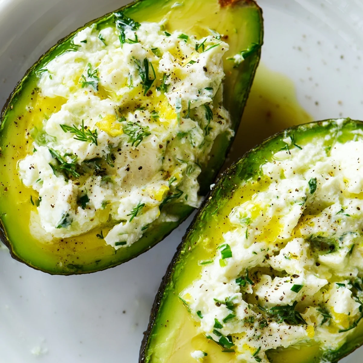 Cottage cheese garlic herb stuffed avocados garnished with fresh dill and black pepper