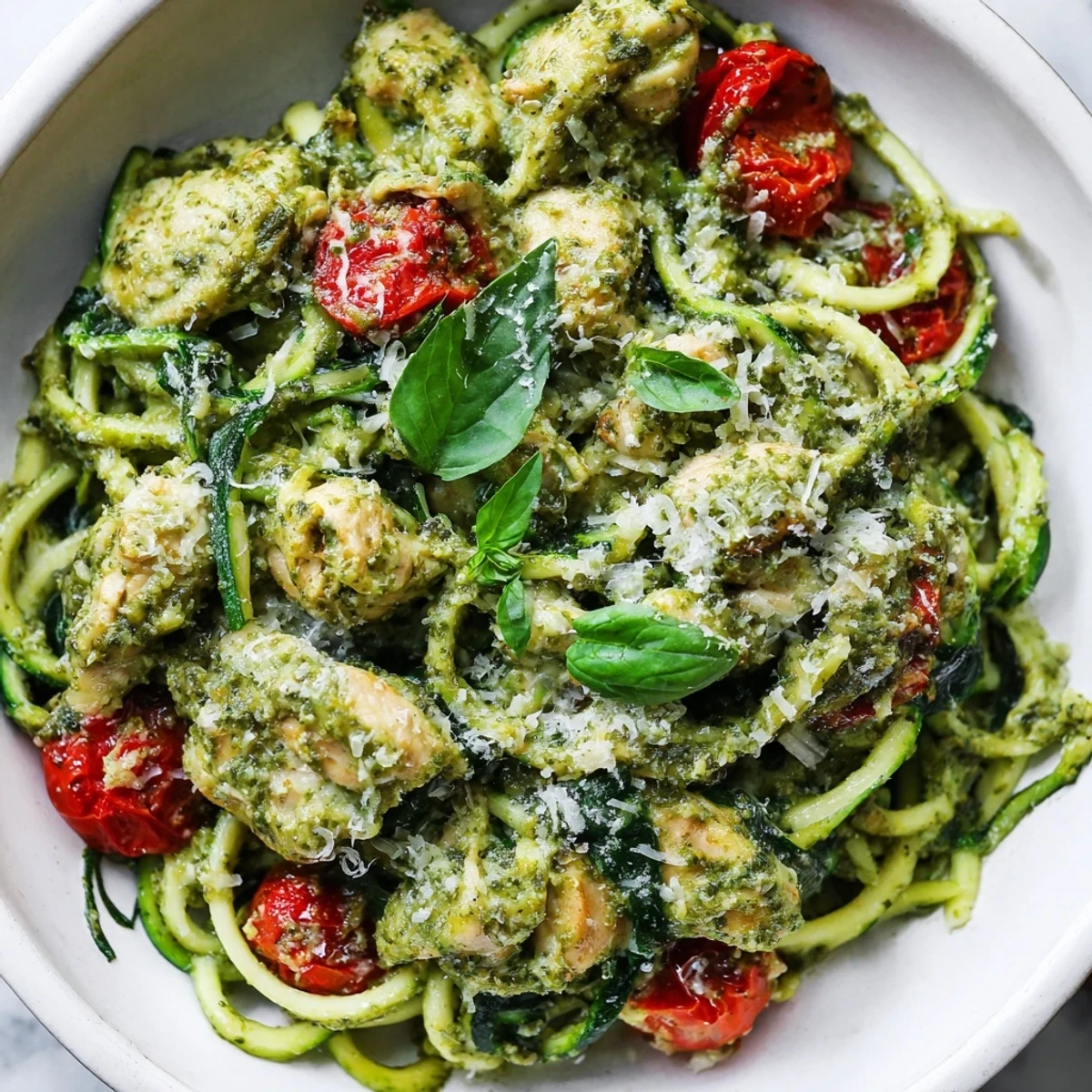 Spiralized zucchini noodles tossed with juicy chicken and spinach in creamy basil pesto sauce