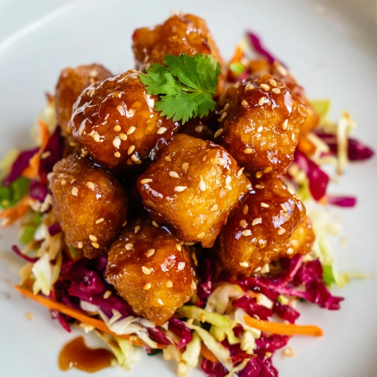Crispy Spicy Maple Tofu cubes glistening with sticky sweet glaze piled high on colorful sesame slaw