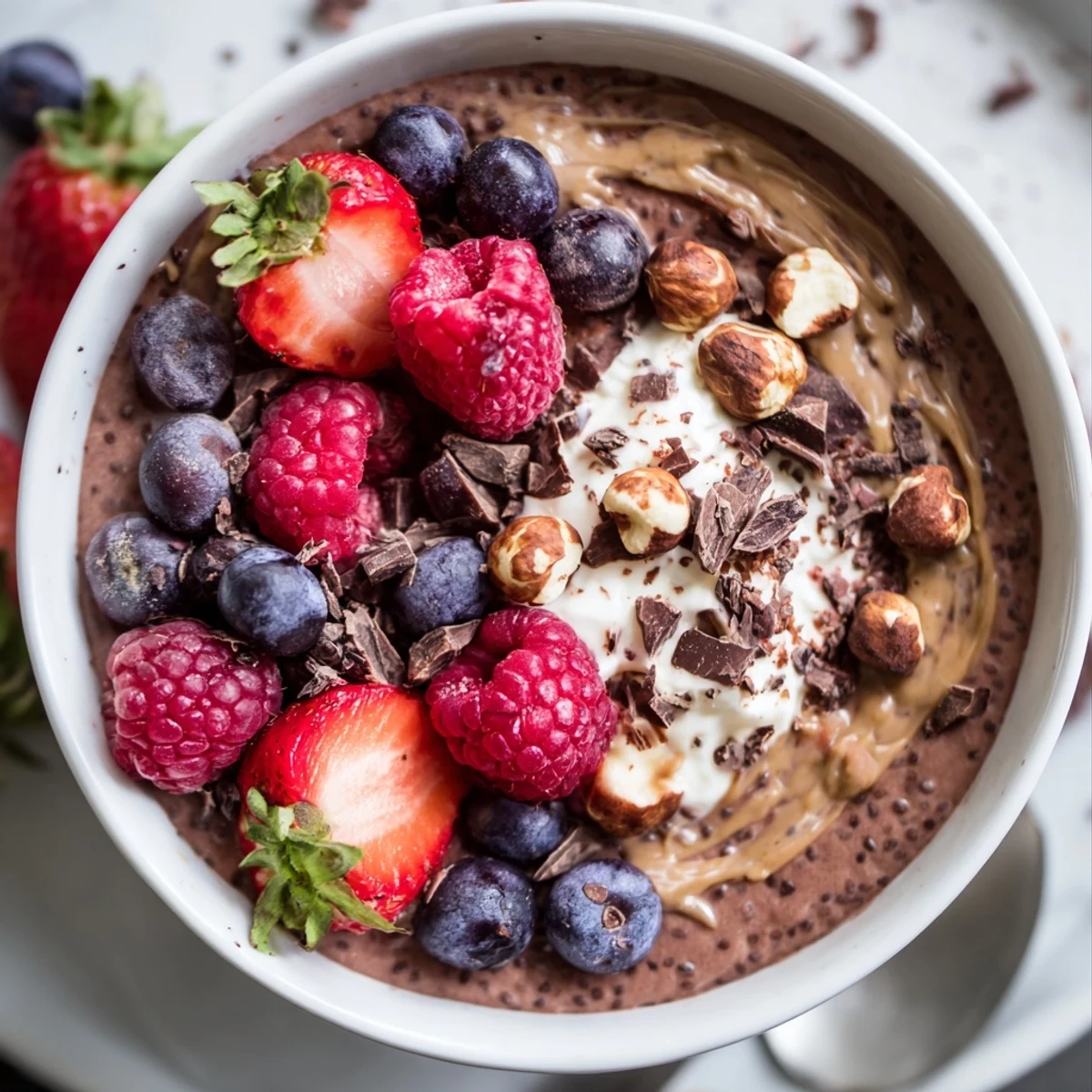 Creamy chocolate hazelnut berry protein chia bowl topped with fresh berries and crunchy hazelnuts