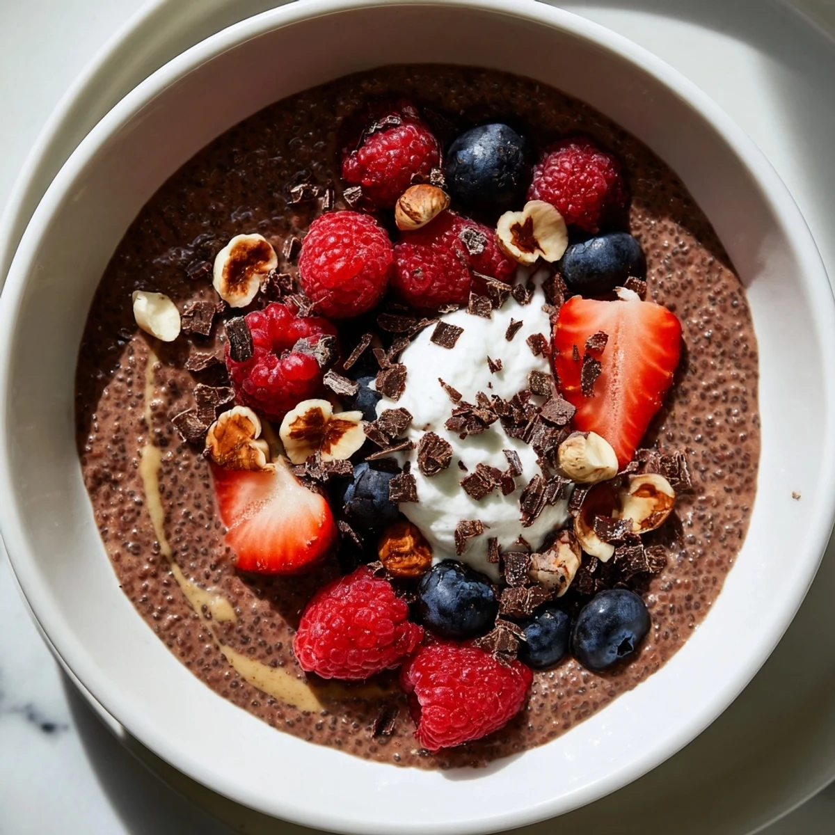 Rich chocolate hazelnut berry protein chia bowl served cold with vibrant berry toppings