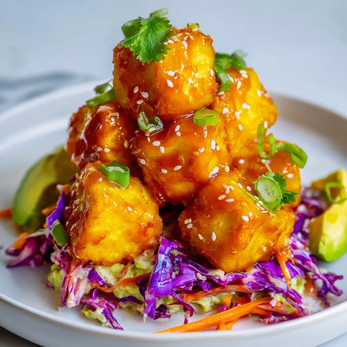 Golden crispy spicy mango tofu glazed in tangy sauce over creamy avocado cabbage slaw