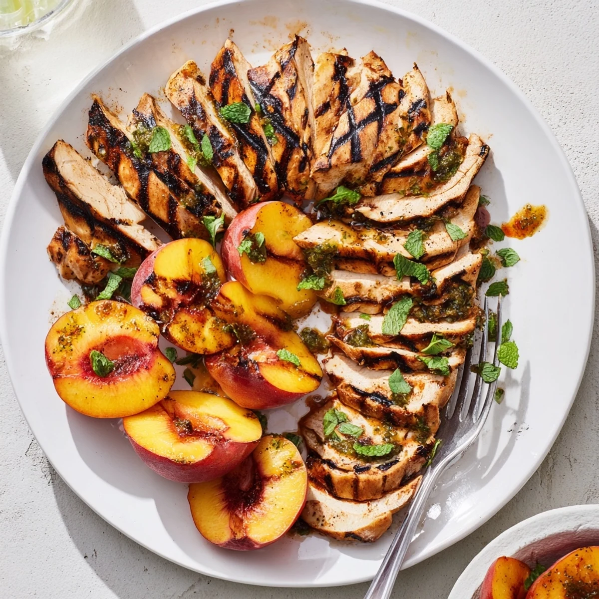 Juicy grilled nectarine chicken sliced and fanned beside charred fruit with fresh mint and cilantro garnish