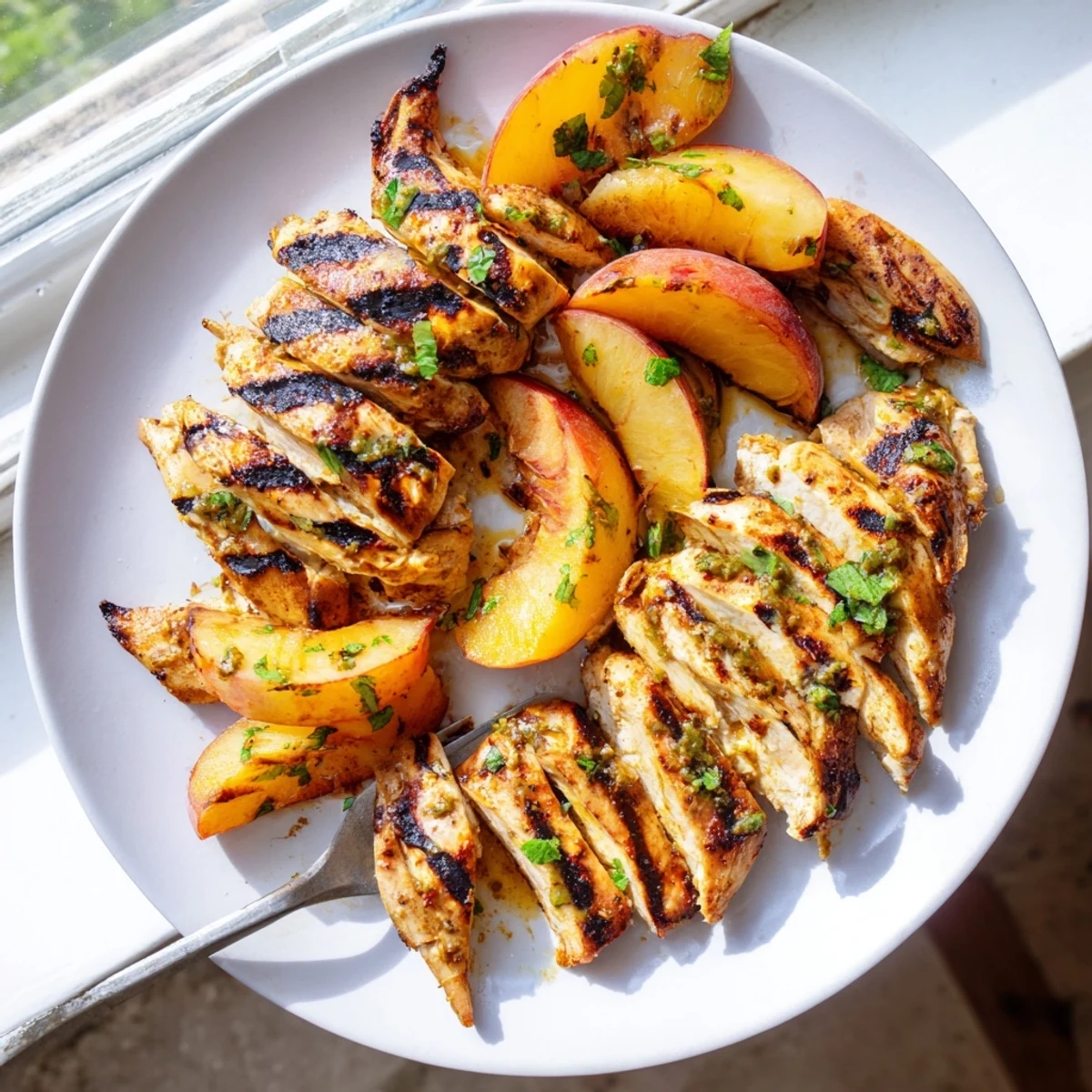 Golden grilled chicken with caramelized nectarine halves drizzled in bright honey lime herb sauce on a rustic platter