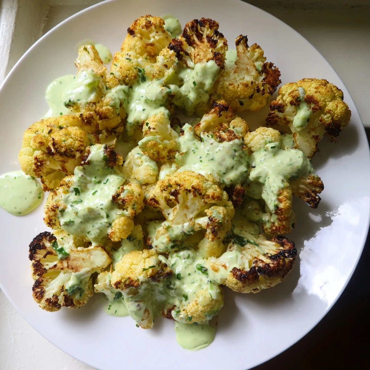 Crispy roasted cauliflower florets topped with creamy green goddess herb sauce