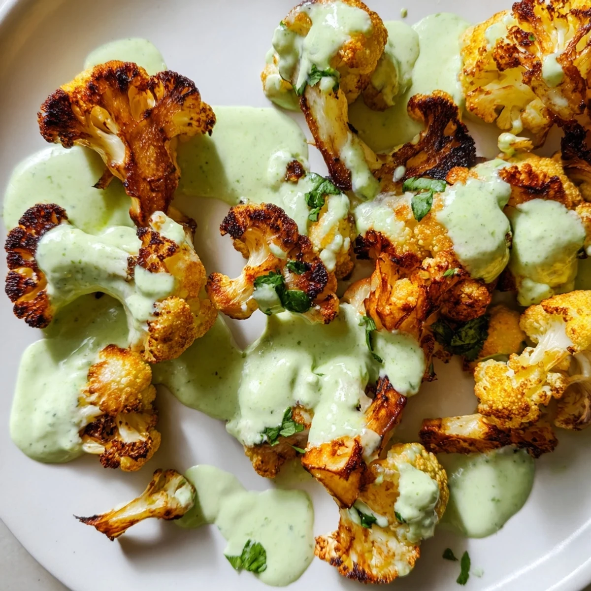 Tender caramelized roasted cauliflower with green goddess herb sauce in a white bowl