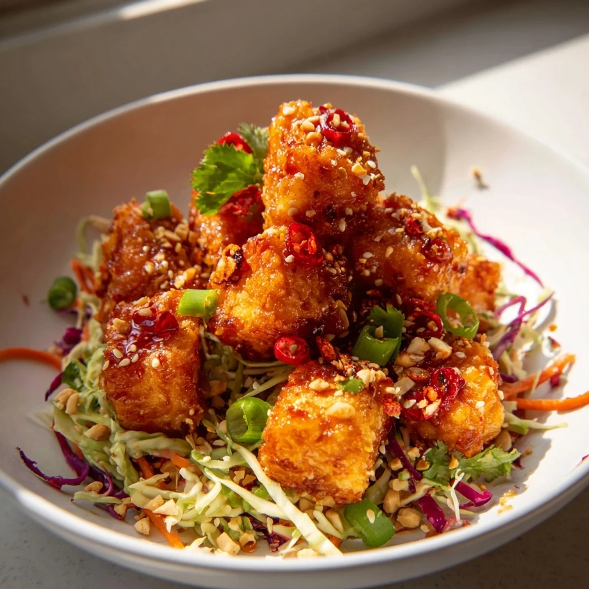 Crunchy sesame slaw topped with caramelized chili oil tofu glistening in spicy sauce