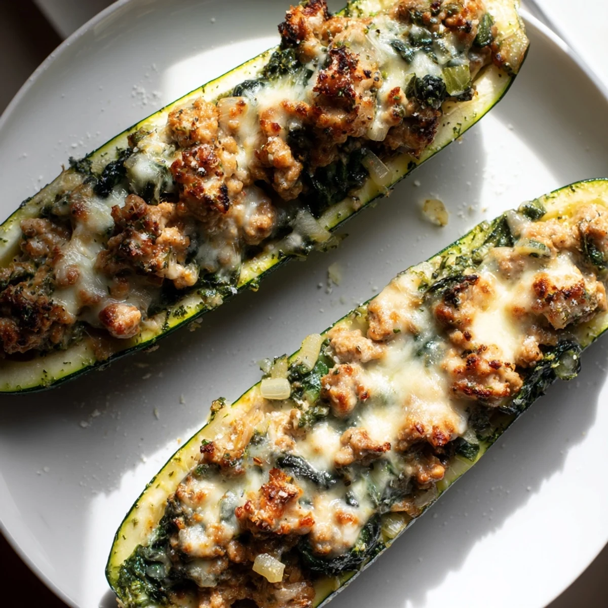 Pesto turkey and spinach stuffed zucchini halved and served hot on a white plate