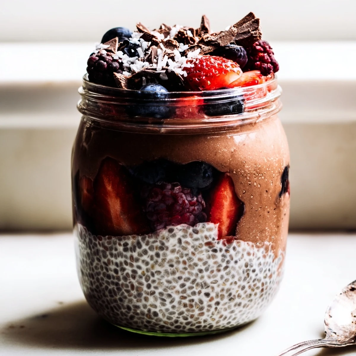 Luscious layered Chocolate Coconut Berry Protein Chia Cream served chilled with dark chocolate shavings