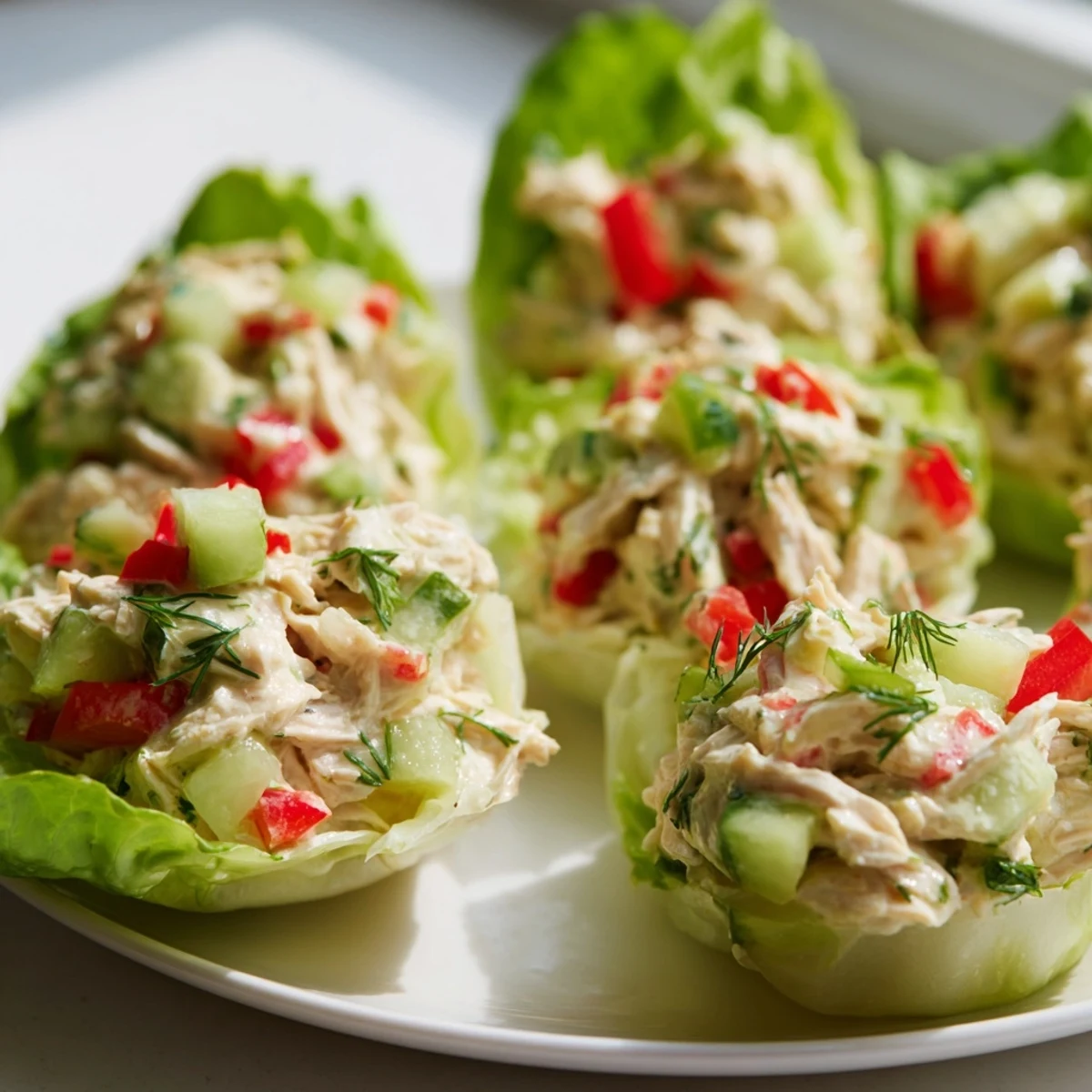 Creamy cottage cheese avocado herb chicken salad cups nestled in crisp green butter lettuce leaves