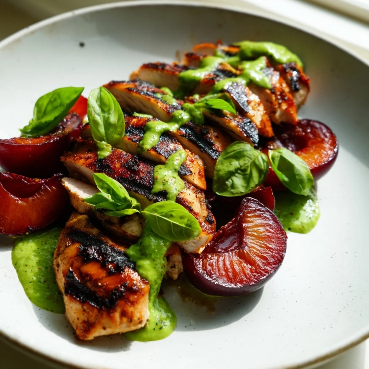 Grilled Plum Chicken topped with vibrant basil avocado sauce on a white dinner plate