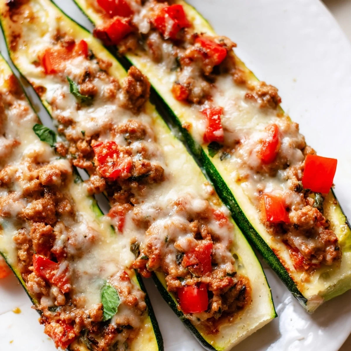 Golden cheesy Pesto Turkey and Zucchini Stuffed Boats fresh from the oven on a white dish