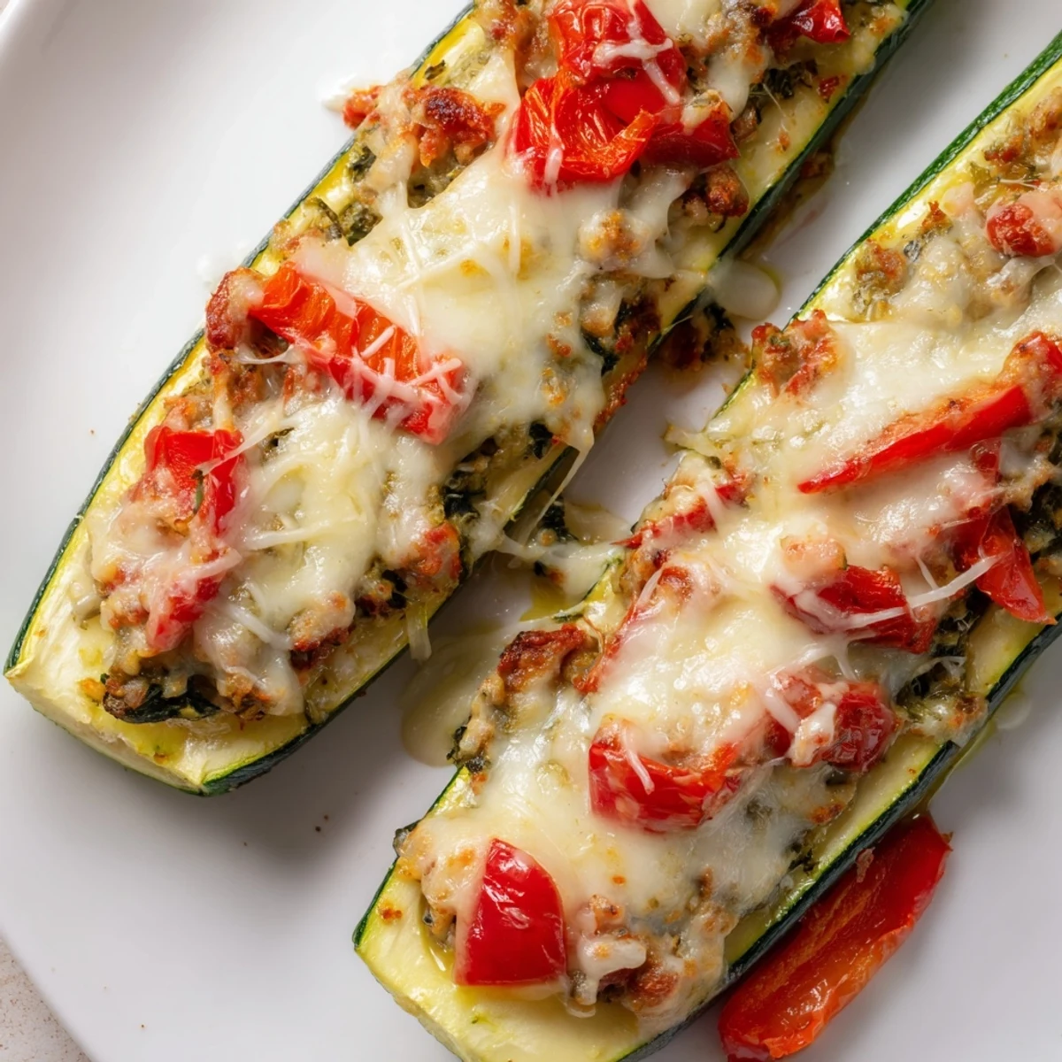 Tender green zucchini boats filled with savory pesto turkey mixture topped with melted mozzarella cheese