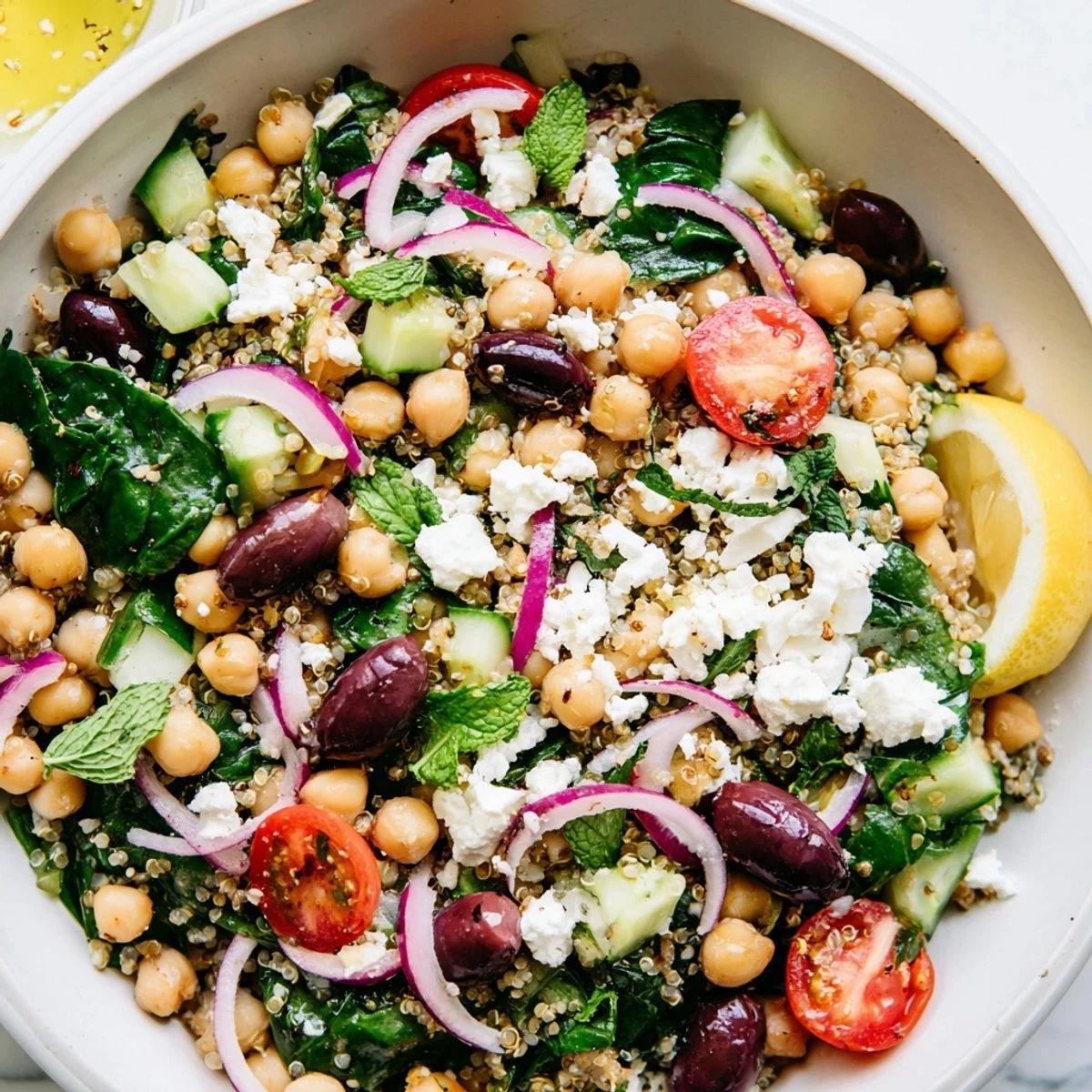 Golden Mediterranean chickpea and spinach lemon bowl topped with fresh herbs and bright lemon wedges
