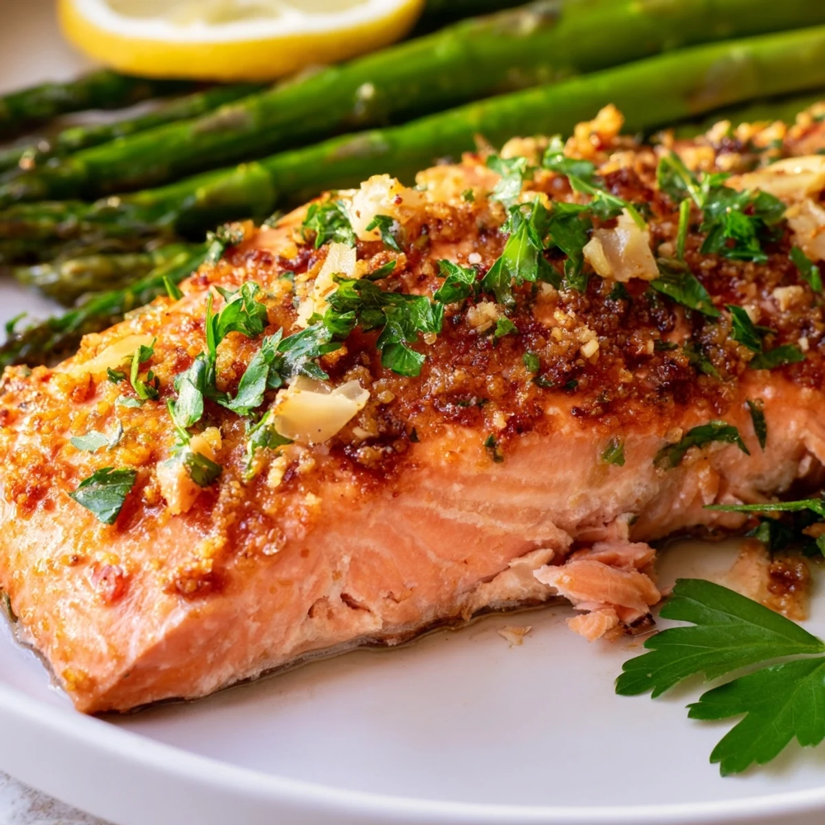 Golden garlic lemon salmon fillets roasted beside bright green asparagus on a sheet pan