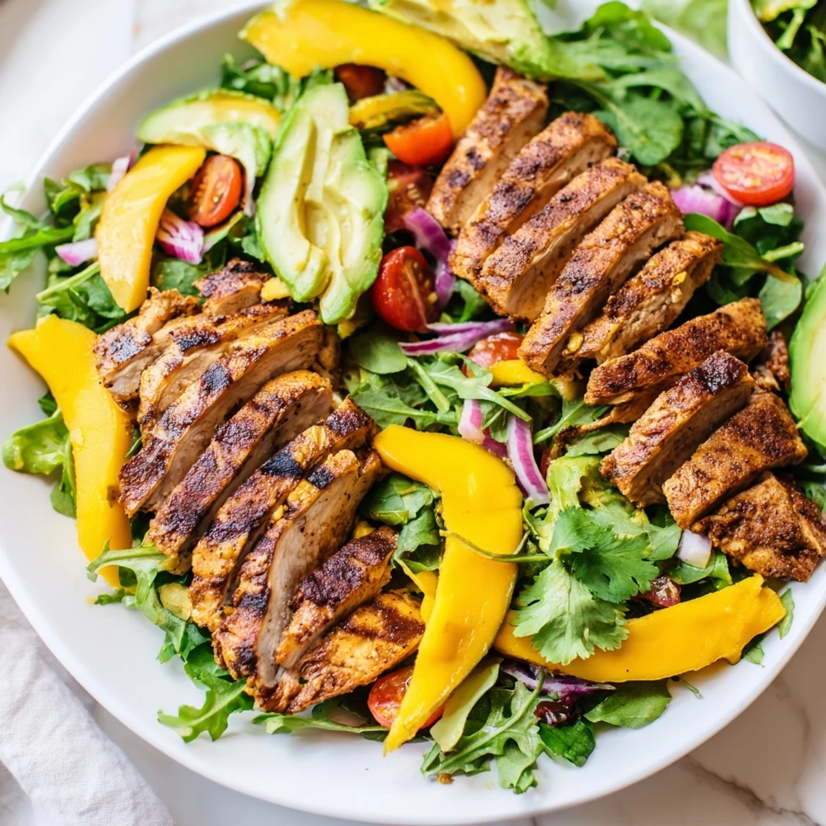 Grilled Mango and Avocado Chicken Salad served on a white plate with zesty lime vinaigrette drizzle