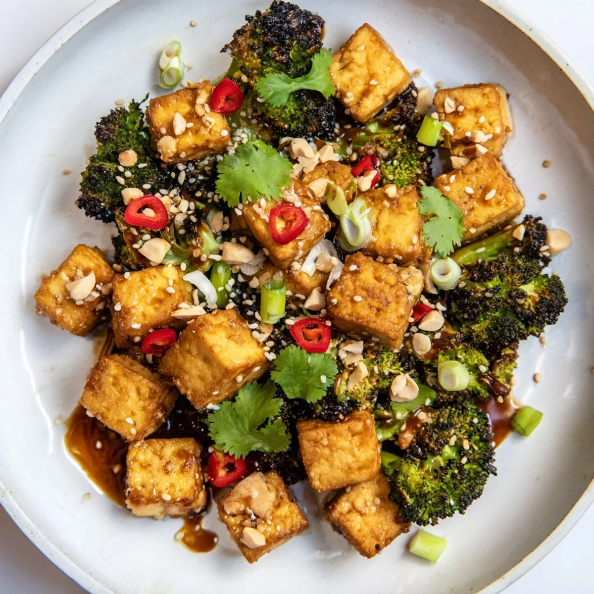 Miso ginger tofu with sesame broccoli crunch garnished with fresh cilantro and scallions