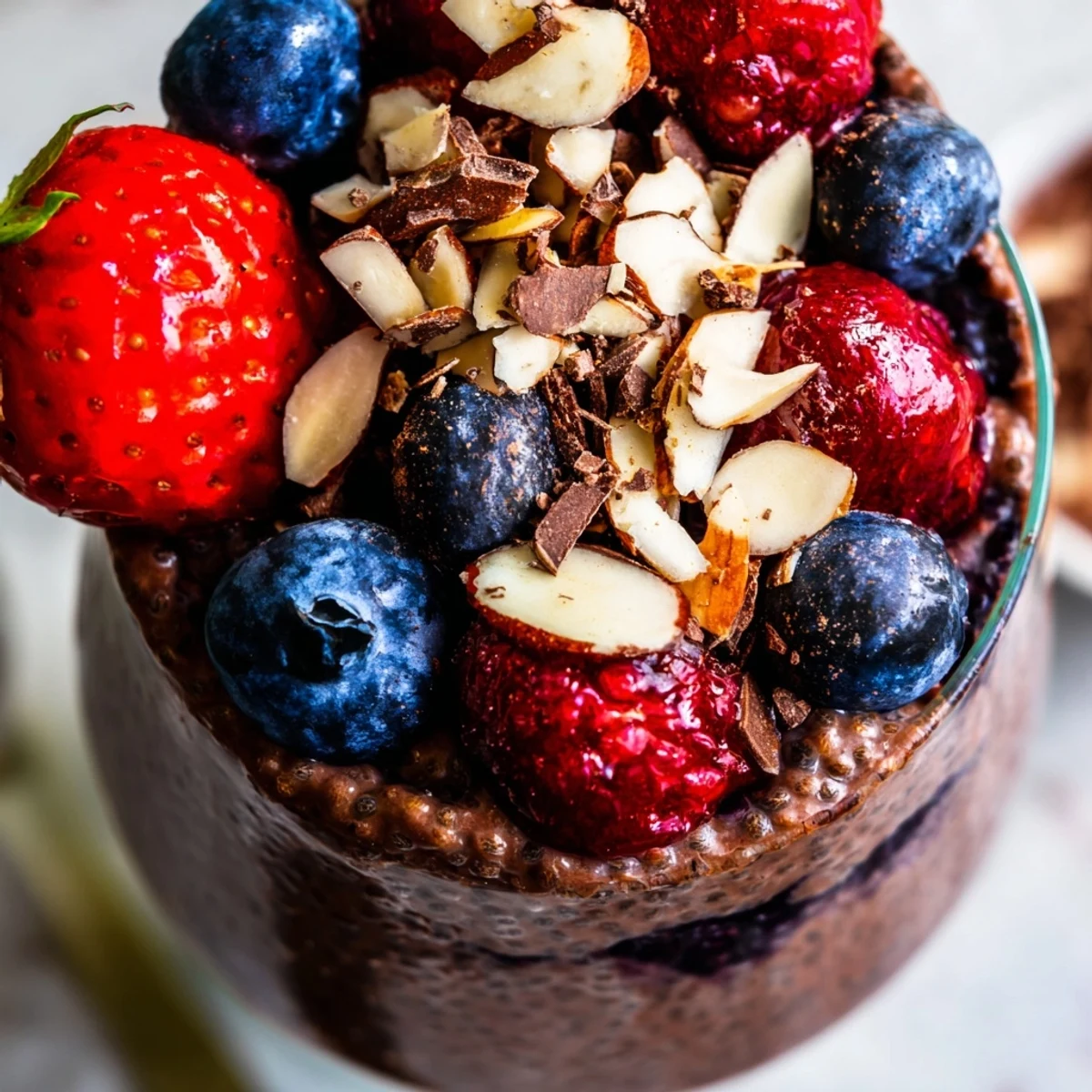 Creamy chocolate almond berry protein chia cream layered with fresh berries and toasted almonds