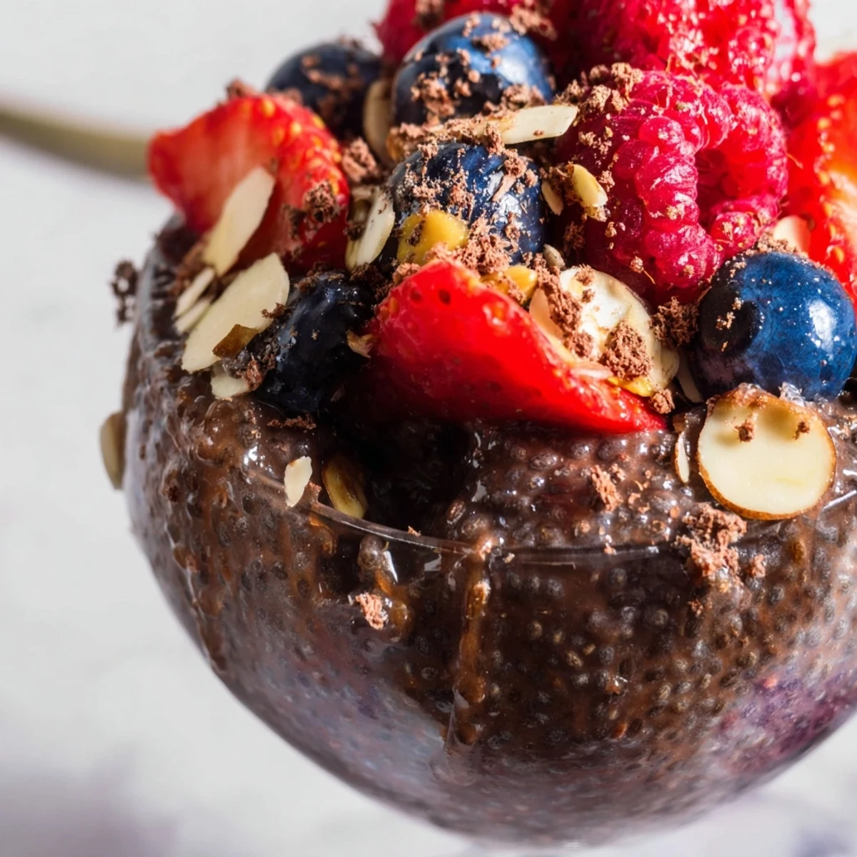 Velvety chocolate almond berry protein chia cream parfait served in a glass with mixed berries