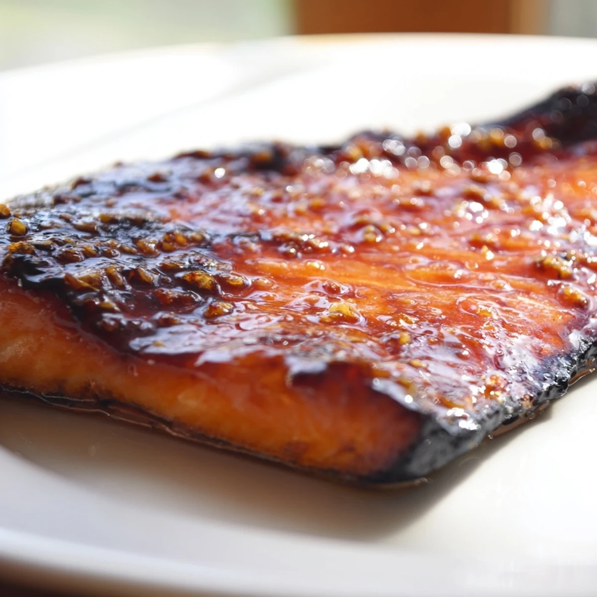Glazed miso maple salmon fillet with caramelized edges beside crisp sesame snap pea salad