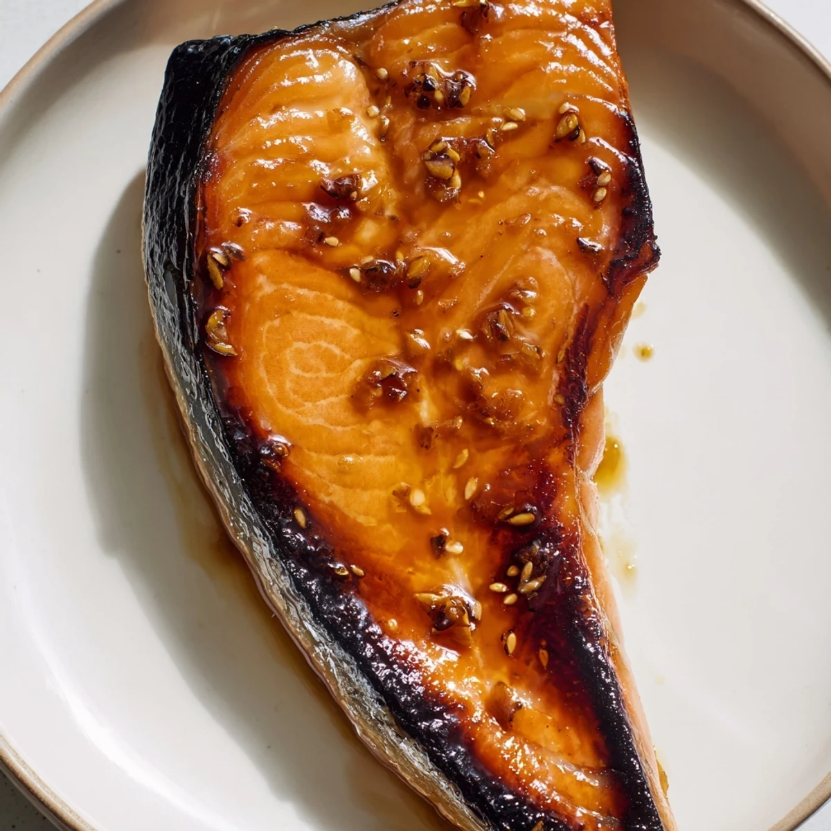 Tender miso maple salmon topped with sesame seeds served over vibrant crunchy snap pea salad