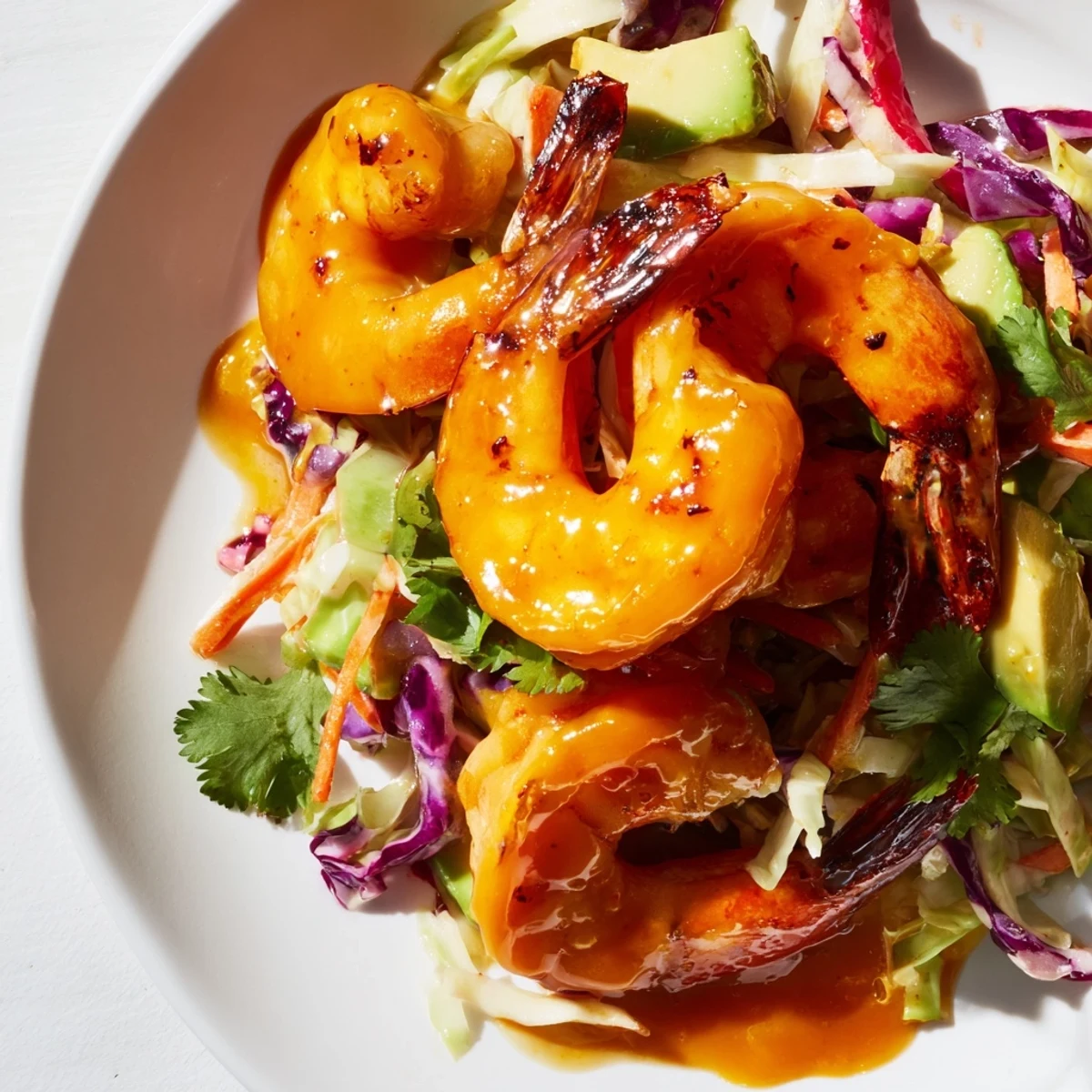 Jumbo shrimp glazed in sweet mango chili sauce served atop creamy avocado lime slaw