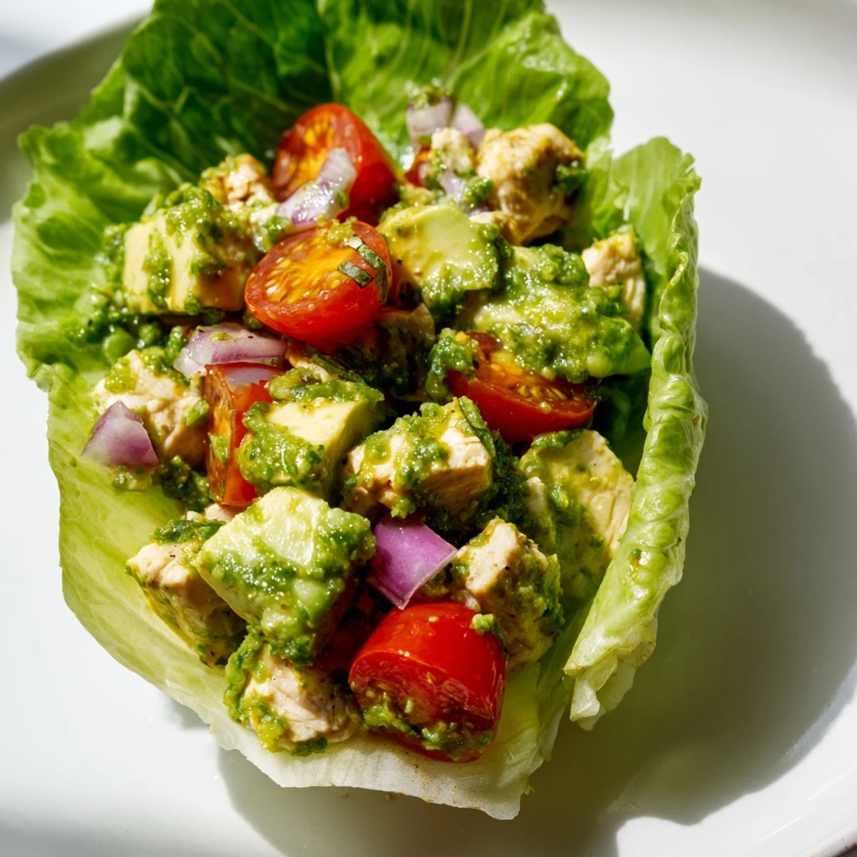 Creamy cottage cheese avocado pesto chicken mixture spooned into fresh green lettuce cup wrappers