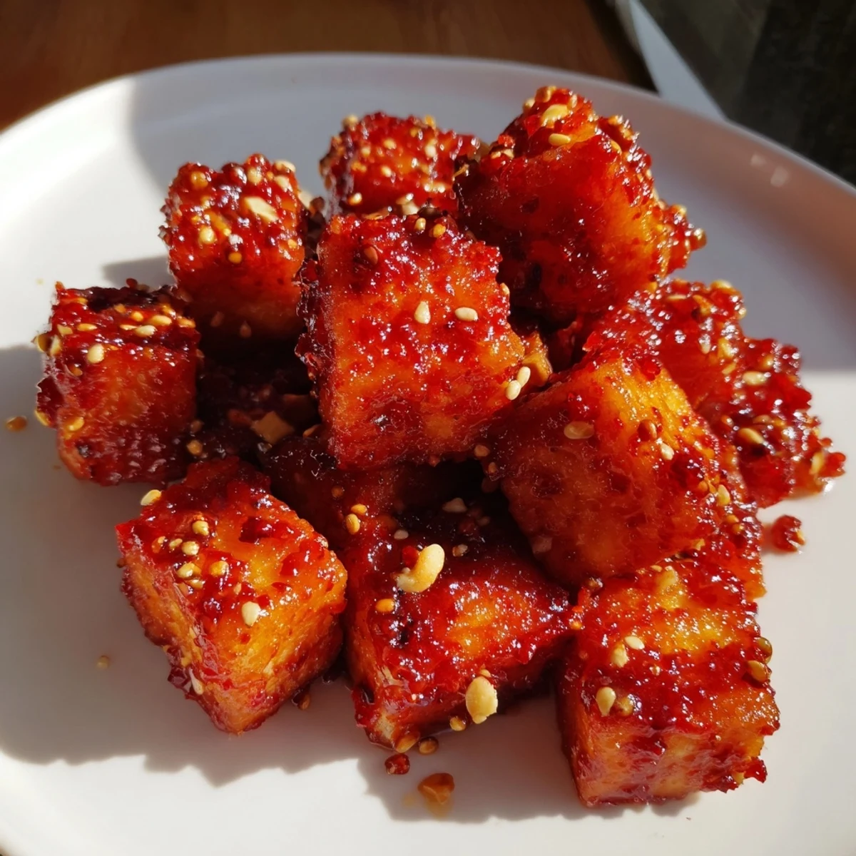 Golden crispy chili garlic tofu cubes glistening with spicy sauce over colorful crunchy peanut slaw