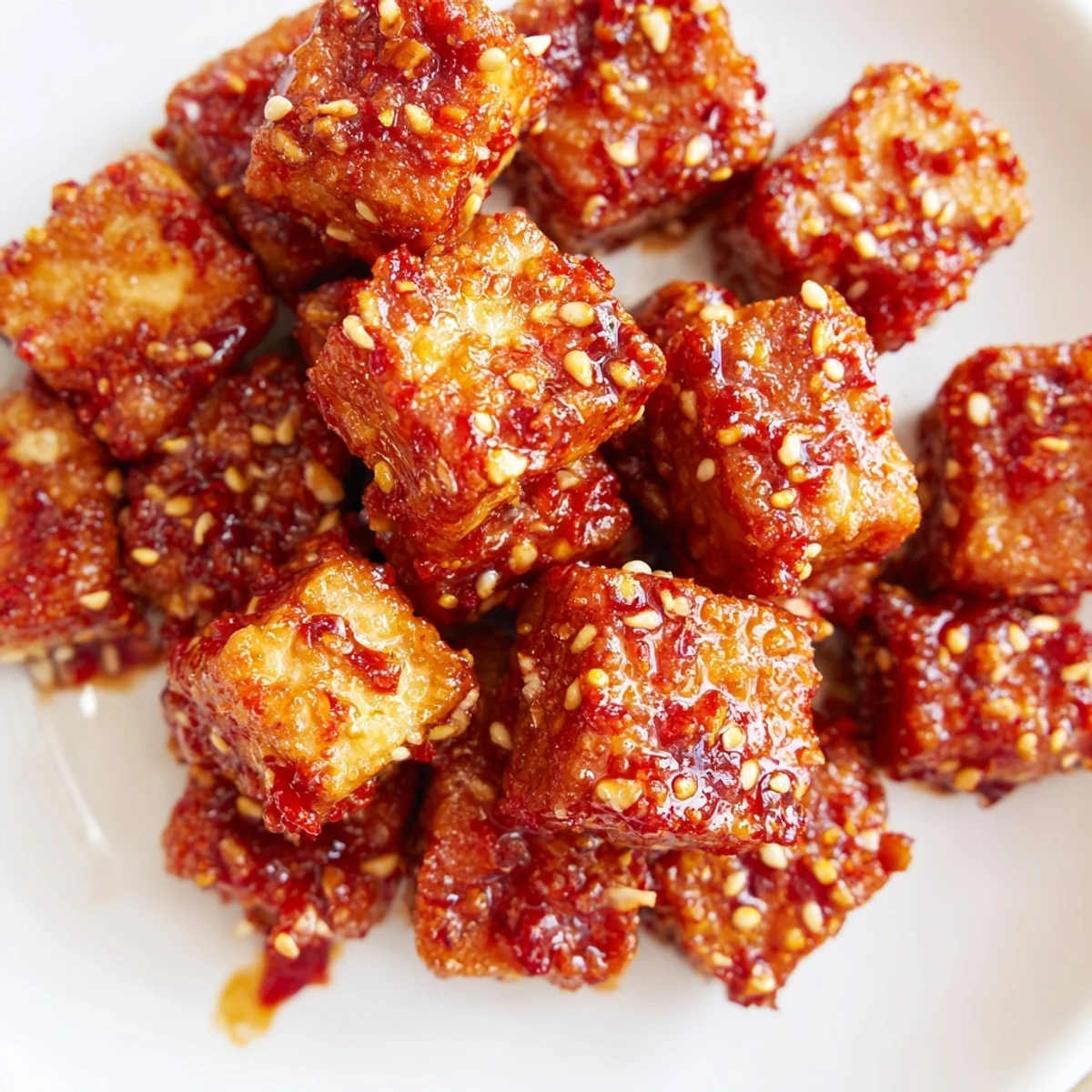 Crispy chili garlic tofu served atop vibrant purple and green slaw topped with roasted peanuts