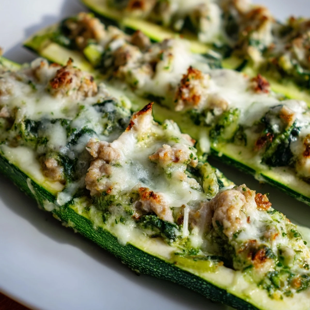 Golden zucchini boats stuffed with pesto turkey and spinach topped with melted mozzarella cheese