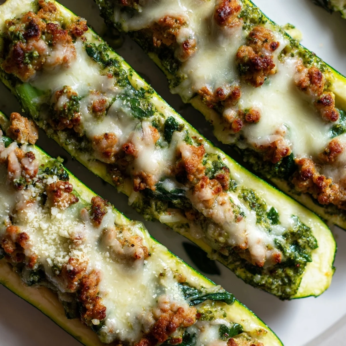 Tender zucchini halves filled with savory pesto turkey spinach filling baked until bubbly and delicious