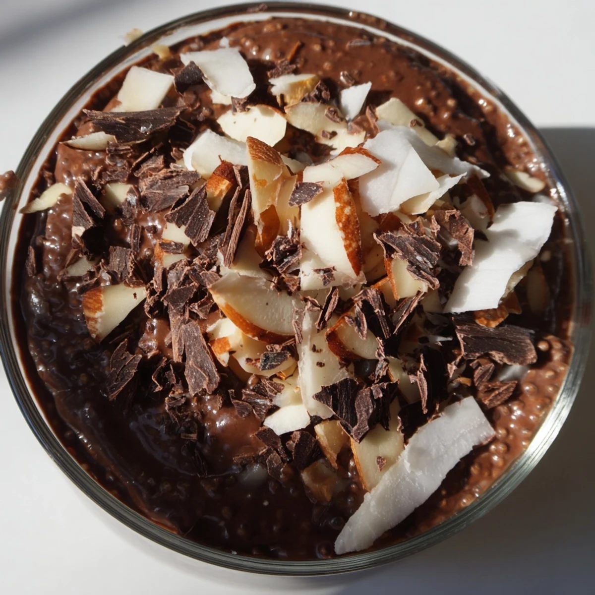 Creamy chocolate coconut almond protein chia cream topped with toasted almonds and shredded coconut in a glass bowl