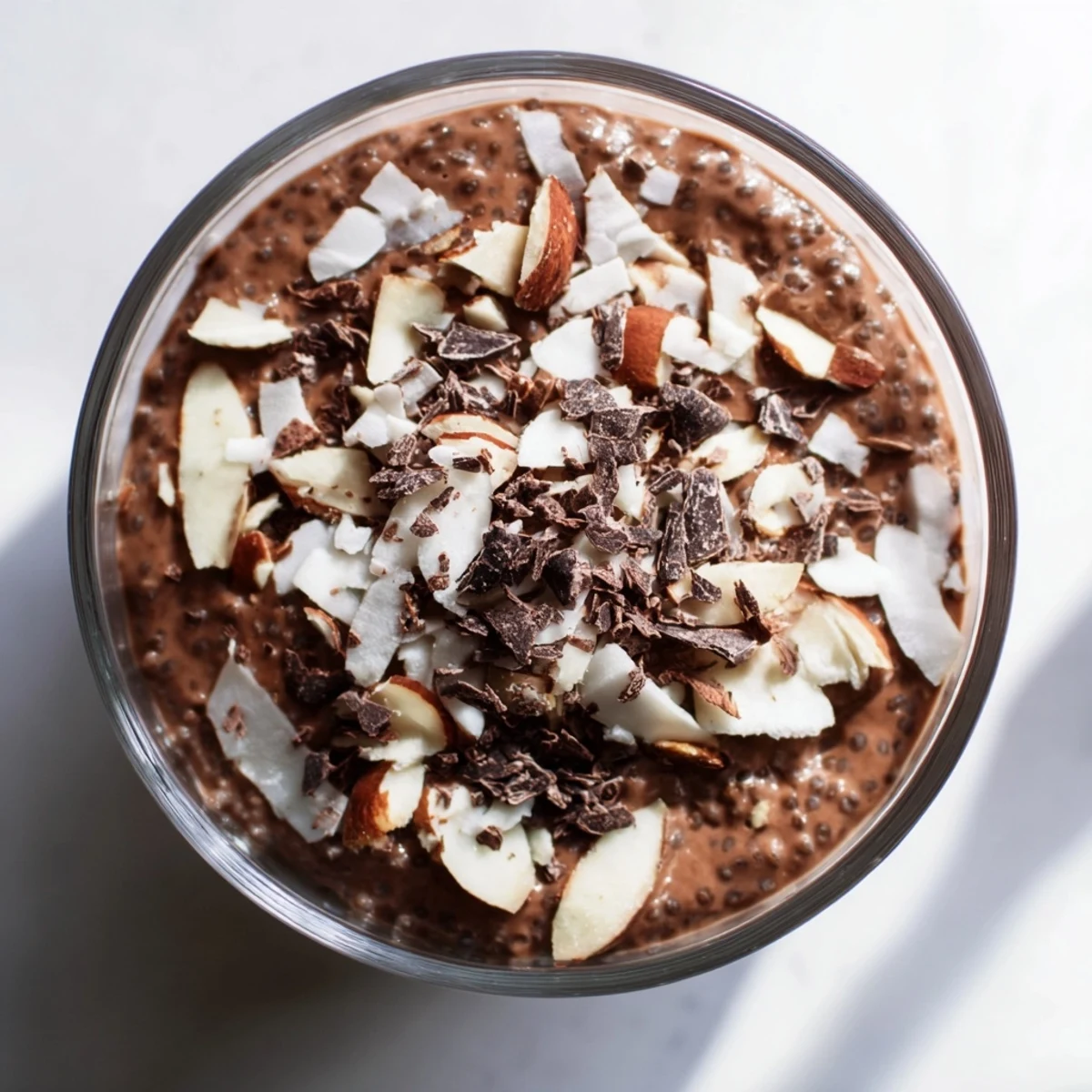 Dark chocolate coconut almond protein chia cream served in mason jars with a sprinkle of chocolate shavings