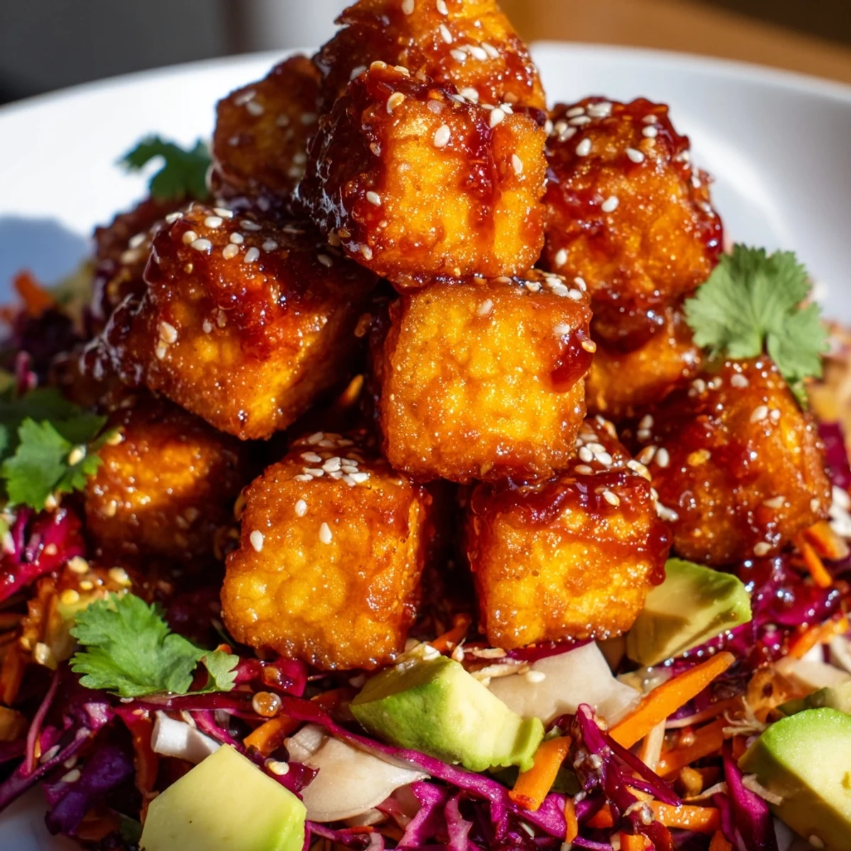 Golden crispy chili lime tofu cubes glazed in zesty sauce over creamy avocado cabbage slaw