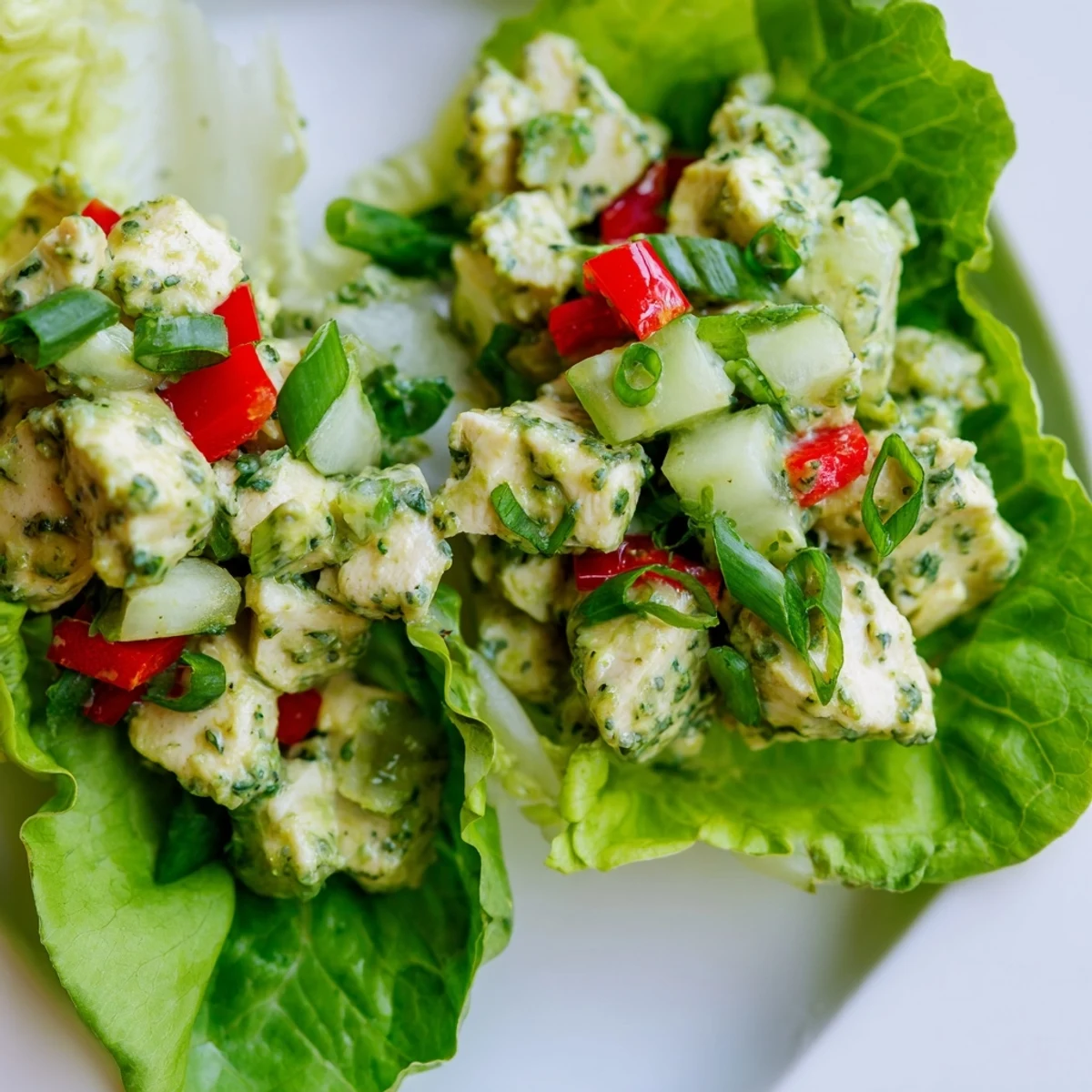 Cottage Cheese Herb Pesto Chicken Salad Cups nestled in crisp green butter lettuce leaves