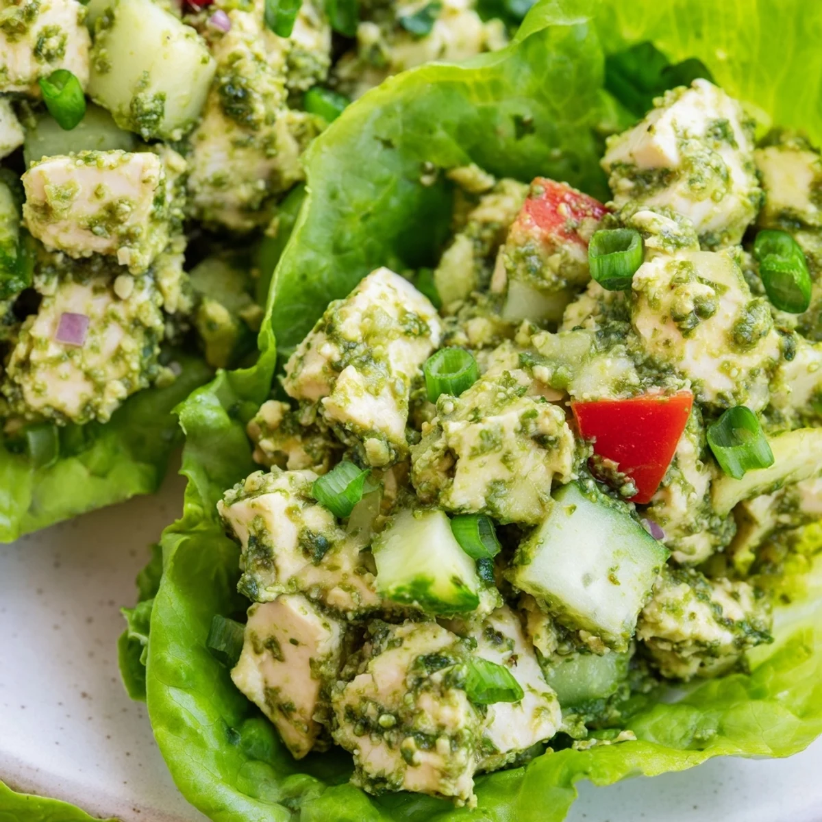 Creamy cottage cheese herb pesto chicken salad spooned into fresh lettuce cup appetizers