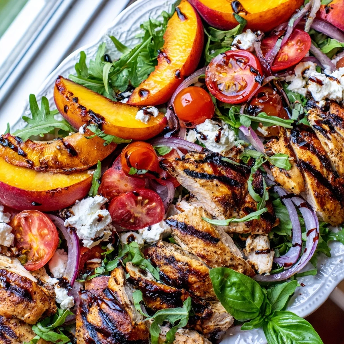 Grilled Peach and Tomato Basil Salad with Chicken topped with crumbled feta and fresh basil leaves