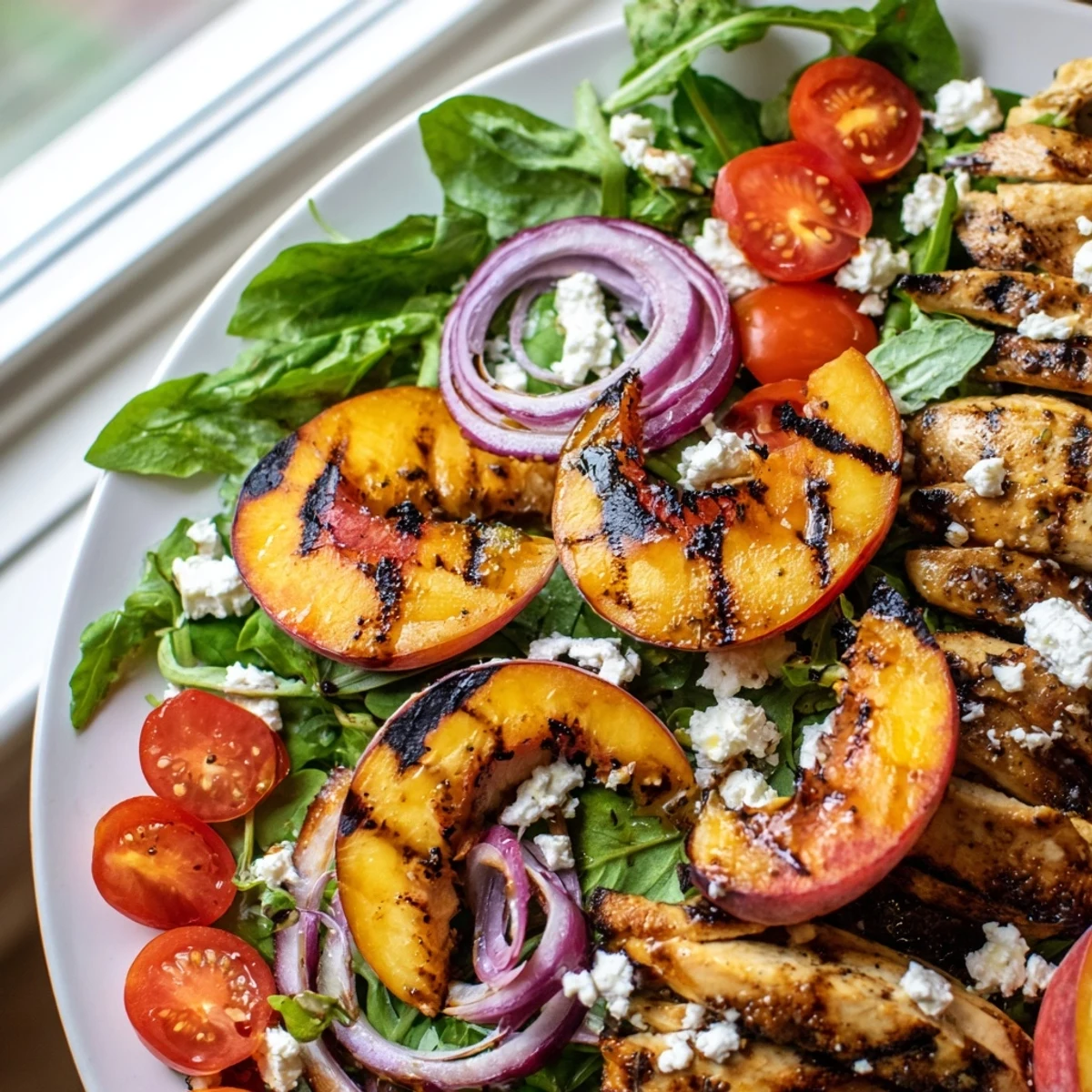 Juicy grilled peaches and ripe tomatoes complement tender sliced chicken in this vibrant summer salad